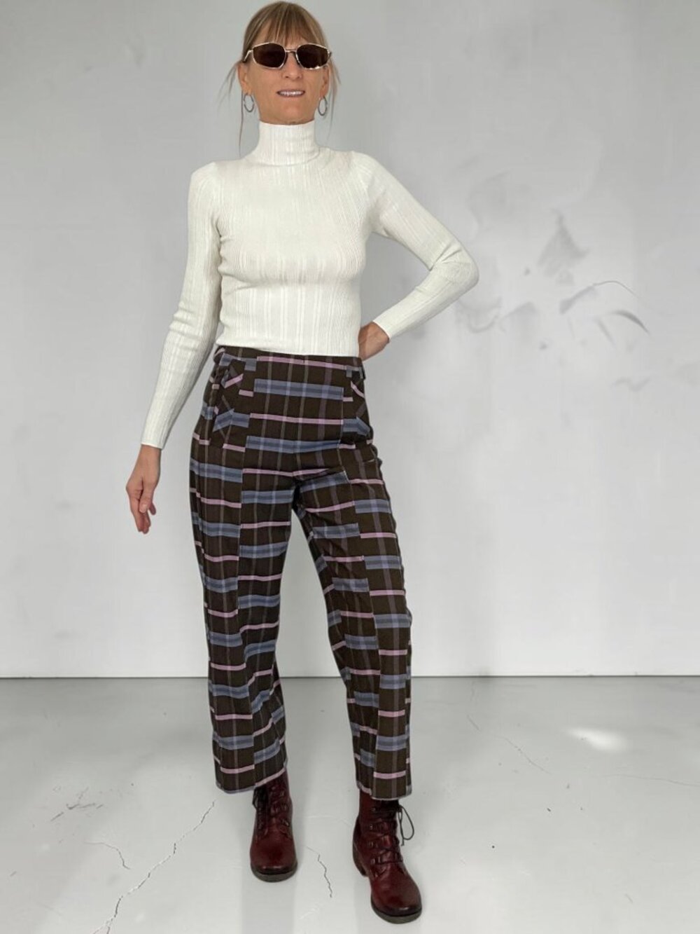 Free People Acadia Trouser 2 Brown Combo Plaid High Rise Cropped Wide Tapered
